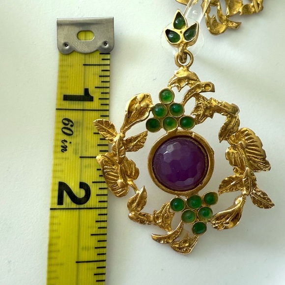 Handmade Moroccan Earrings Semi Precious Stones Gold Plated Leaves Green Purple - Picture 2 of 2